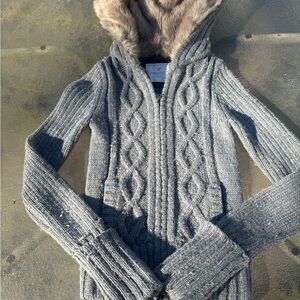 American Eagle Outfitters Gray Sweater with Faux Fur Hood